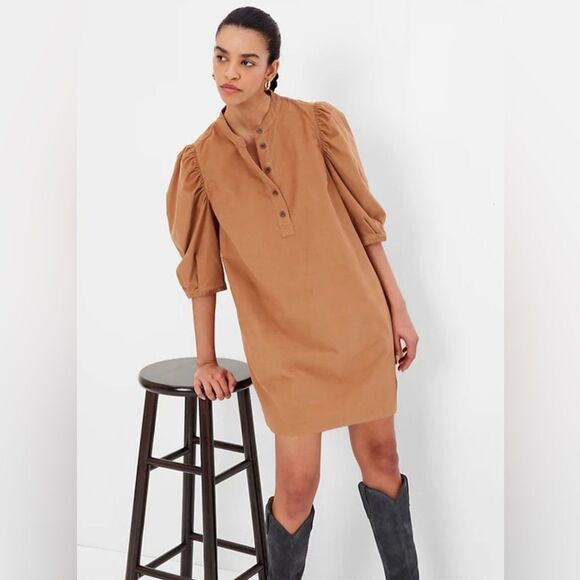 GAP Puff Sleeve Corduroy Mini Dress Holiday Brown Size Medium - Picture 1 of 7